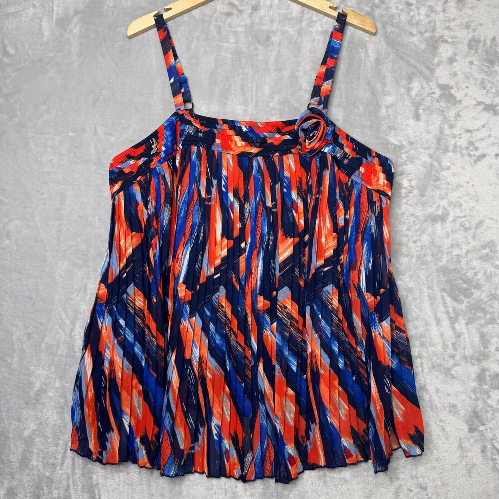 Lane Bryant Top Womens 20 Orange Blue Pleated Tank Adjustable Straps Lined Party
